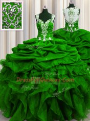 Elegant See Through Back Green Ball Gowns Organza Straps Sleeveless Beading and Ruffles and Sequins and Pick Ups Floor Length Zipper Quinceanera Gowns