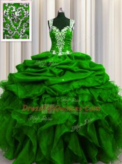 Elegant See Through Back Green Ball Gowns Organza Straps Sleeveless Beading and Ruffles and Sequins and Pick Ups Floor Length Zipper Quinceanera Gowns