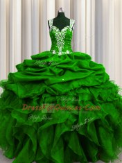 Elegant See Through Back Green Ball Gowns Organza Straps Sleeveless Beading and Ruffles and Sequins and Pick Ups Floor Length Zipper Quinceanera Gowns