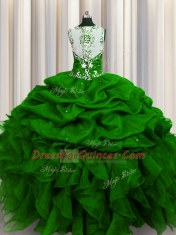 Elegant See Through Back Green Ball Gowns Organza Straps Sleeveless Beading and Ruffles and Sequins and Pick Ups Floor Length Zipper Quinceanera Gowns