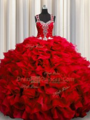 Zipple Up See Through Back Wine Red Ball Gowns Straps Sleeveless Organza Floor Length Zipper Beading and Ruffles Sweet 16 Dress