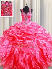 Free and Easy Zipper Up See Through Back Hot Pink Straps Zipper Beading and Ruffles and Pick Ups Sweet 16 Dress Sleeveless