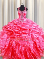 Free and Easy Zipper Up See Through Back Hot Pink Straps Zipper Beading and Ruffles and Pick Ups Sweet 16 Dress Sleeveless