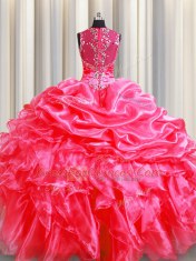 Free and Easy Zipper Up See Through Back Hot Pink Straps Zipper Beading and Ruffles and Pick Ups Sweet 16 Dress Sleeveless