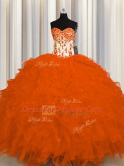 Custom Made Orange Red Quince Ball Gowns Military Ball and Sweet 16 and Quinceanera and For with Appliques and Ruffles Sweetheart Sleeveless Lace Up