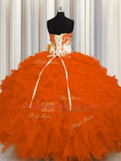 Custom Made Orange Red Quince Ball Gowns Military Ball and Sweet 16 and Quinceanera and For with Appliques and Ruffles Sweetheart Sleeveless Lace Up