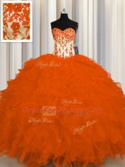 Custom Made Orange Red Quince Ball Gowns Military Ball and Sweet 16 and Quinceanera and For with Appliques and Ruffles Sweetheart Sleeveless Lace Up