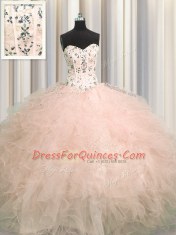 Fine Visible Boning Sleeveless Lace Up Floor Length Beading and Appliques and Ruffles 15th Birthday Dress