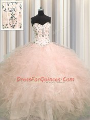 Fine Visible Boning Sleeveless Lace Up Floor Length Beading and Appliques and Ruffles 15th Birthday Dress