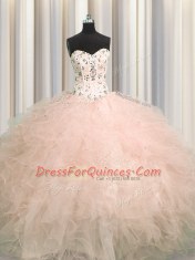 Fine Visible Boning Sleeveless Lace Up Floor Length Beading and Appliques and Ruffles 15th Birthday Dress