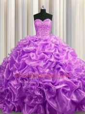 Lilac Sweet 16 Dress Military Ball and Sweet 16 and Quinceanera and For with Beading and Pick Ups Sweetheart Sleeveless Court Train Lace Up