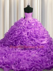 Lilac Sweet 16 Dress Military Ball and Sweet 16 and Quinceanera and For with Beading and Pick Ups Sweetheart Sleeveless Court Train Lace Up