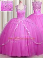 Popular See Through Hot Pink Cap Sleeves Tulle Brush Train Zipper Quinceanera Gown for Military Ball and Sweet 16 and Quinceanera