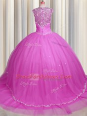 Popular See Through Hot Pink Cap Sleeves Tulle Brush Train Zipper Quinceanera Gown for Military Ball and Sweet 16 and Quinceanera