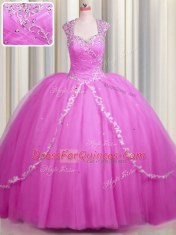 Popular See Through Hot Pink Cap Sleeves Tulle Brush Train Zipper Quinceanera Gown for Military Ball and Sweet 16 and Quinceanera