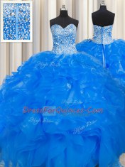 Great Visible Boning Beaded Bodice Sleeveless Organza Floor Length Lace Up Ball Gown Prom Dress in Blue with Beading and Ruffles