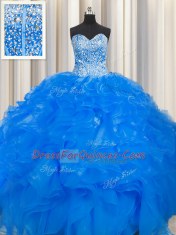 Great Visible Boning Beaded Bodice Sleeveless Organza Floor Length Lace Up Ball Gown Prom Dress in Blue with Beading and Ruffles