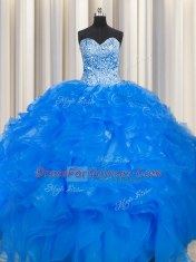 Great Visible Boning Beaded Bodice Sleeveless Organza Floor Length Lace Up Ball Gown Prom Dress in Blue with Beading and Ruffles