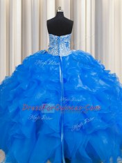 Great Visible Boning Beaded Bodice Sleeveless Organza Floor Length Lace Up Ball Gown Prom Dress in Blue with Beading and Ruffles
