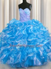 Custom Fit Sweetheart Sleeveless Lace Up Quinceanera Gowns Blue And White Organza
