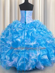 Custom Fit Sweetheart Sleeveless Lace Up Quinceanera Gowns Blue And White Organza