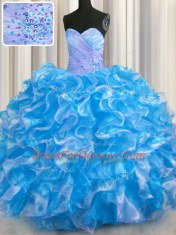 Custom Fit Sweetheart Sleeveless Lace Up Quinceanera Gowns Blue And White Organza