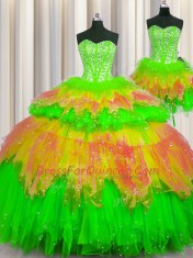 Three Piece Visible Boning Sweetheart Sleeveless Tulle Ball Gown Prom Dress Beading Lace Up