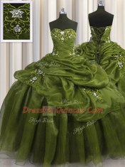 Olive Green Organza Lace Up Sweetheart Sleeveless Floor Length Quinceanera Dresses Beading and Appliques and Pick Ups