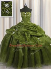 Olive Green Organza Lace Up Sweetheart Sleeveless Floor Length Quinceanera Dresses Beading and Appliques and Pick Ups