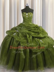 Olive Green Organza Lace Up Sweetheart Sleeveless Floor Length Quinceanera Dresses Beading and Appliques and Pick Ups
