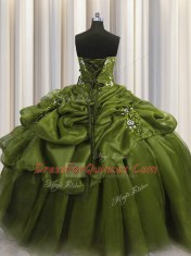Olive Green Organza Lace Up Sweetheart Sleeveless Floor Length Quinceanera Dresses Beading and Appliques and Pick Ups