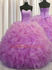 High End Lilac Sleeveless Beading and Ruffles Floor Length Sweet 16 Dresses