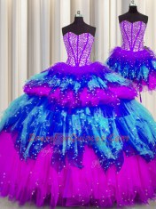 Dazzling Three Piece Visible Boning Multi-color Ball Gowns Tulle Sweetheart Sleeveless Beading and Ruffles and Ruffled Layers and Sequins Floor Length Lace Up Sweet 16 Quinceanera Dress