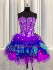 Dazzling Three Piece Visible Boning Multi-color Ball Gowns Tulle Sweetheart Sleeveless Beading and Ruffles and Ruffled Layers and Sequins Floor Length Lace Up Sweet 16 Quinceanera Dress
