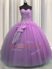 Super Sequins Bowknot Sweetheart Sleeveless Lace Up 15 Quinceanera Dress Lilac Tulle