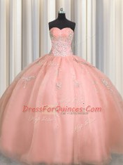 Artistic Puffy Skirt Sweetheart Sleeveless Zipper Quince Ball Gowns Watermelon Red Organza