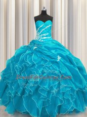 Nice Aqua Blue Sleeveless Organza Lace Up Sweet 16 Dresses for Military Ball and Sweet 16 and Quinceanera