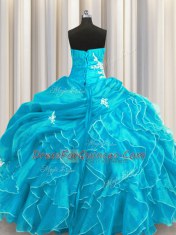 Nice Aqua Blue Sleeveless Organza Lace Up Sweet 16 Dresses for Military Ball and Sweet 16 and Quinceanera