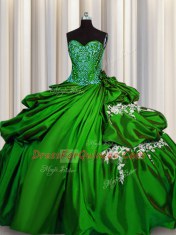 Beading and Appliques Quinceanera Gown Green Lace Up Sleeveless Floor Length