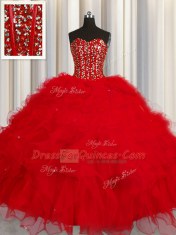 Affordable Visible Boning Sleeveless Floor Length Beading and Ruffles and Sequins Lace Up Sweet 16 Dress with Red