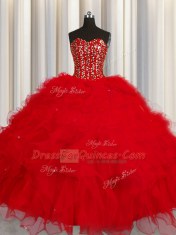 Affordable Visible Boning Sleeveless Floor Length Beading and Ruffles and Sequins Lace Up Sweet 16 Dress with Red