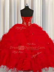 Affordable Visible Boning Sleeveless Floor Length Beading and Ruffles and Sequins Lace Up Sweet 16 Dress with Red