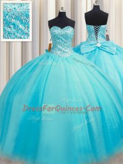 Traditional Puffy Skirt Baby Blue Sweetheart Neckline Beading Sweet 16 Dresses Sleeveless Lace Up