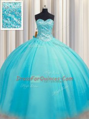 Traditional Puffy Skirt Baby Blue Sweetheart Neckline Beading Sweet 16 Dresses Sleeveless Lace Up