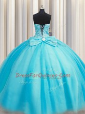 Traditional Puffy Skirt Baby Blue Sweetheart Neckline Beading Sweet 16 Dresses Sleeveless Lace Up