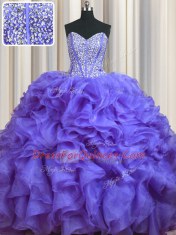 Bling-bling Lavender Ball Gowns Sweetheart Sleeveless Organza With Brush Train Lace Up Beading and Ruffles Sweet 16 Quinceanera Dress