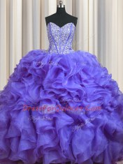 Bling-bling Lavender Ball Gowns Sweetheart Sleeveless Organza With Brush Train Lace Up Beading and Ruffles Sweet 16 Quinceanera Dress