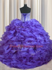 Bling-bling Lavender Ball Gowns Sweetheart Sleeveless Organza With Brush Train Lace Up Beading and Ruffles Sweet 16 Quinceanera Dress