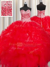 Visible Boning Beaded Bodice Beading and Ruffles Quinceanera Gown Red Lace Up Sleeveless Floor Length