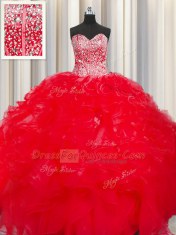 Visible Boning Beaded Bodice Beading and Ruffles Quinceanera Gown Red Lace Up Sleeveless Floor Length